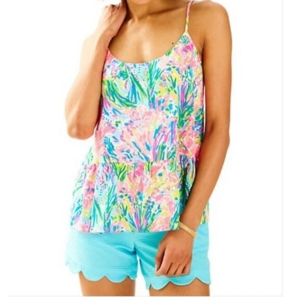 Lilly Pulitzer Fan Sea Pants Tank Top Womens size XS Pink Blue Abena